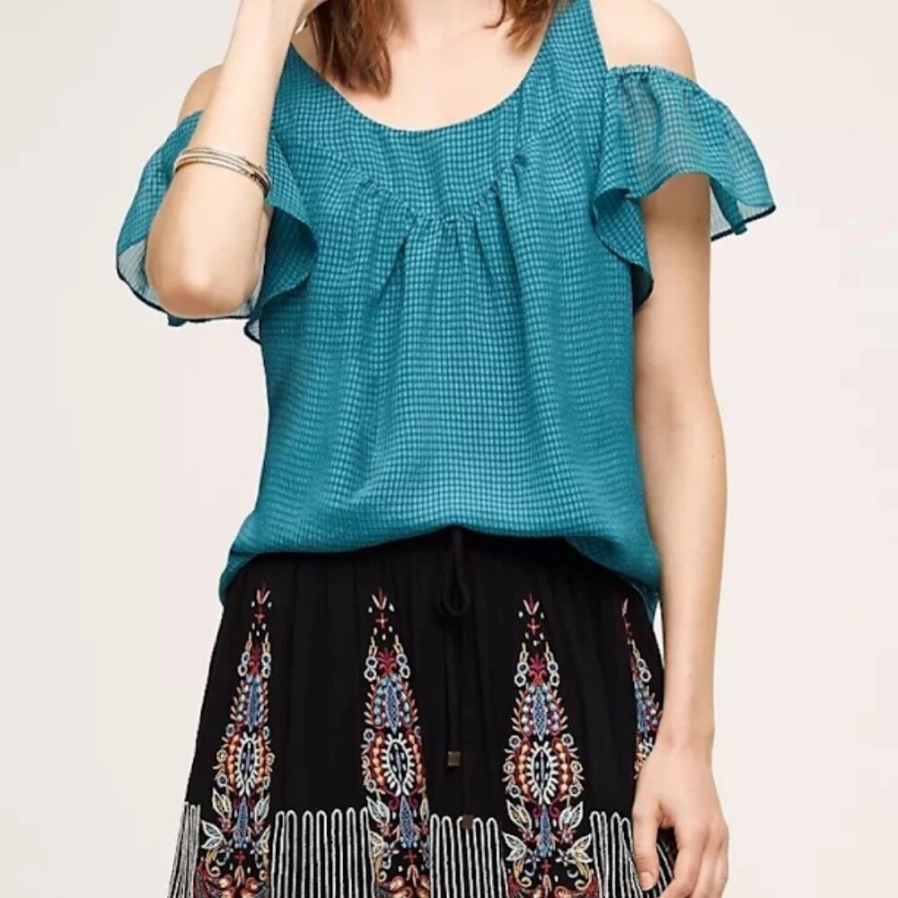 Anthropologie Maeve Tavin Top Blouse‎ Ruffle Boho Gypsy Peasant Teal Sz 16